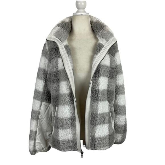 A&F Sherpa Check Fleece Plaid Full Zip Jacket Coat Gray and White Size Medium - Picture 13 of 16